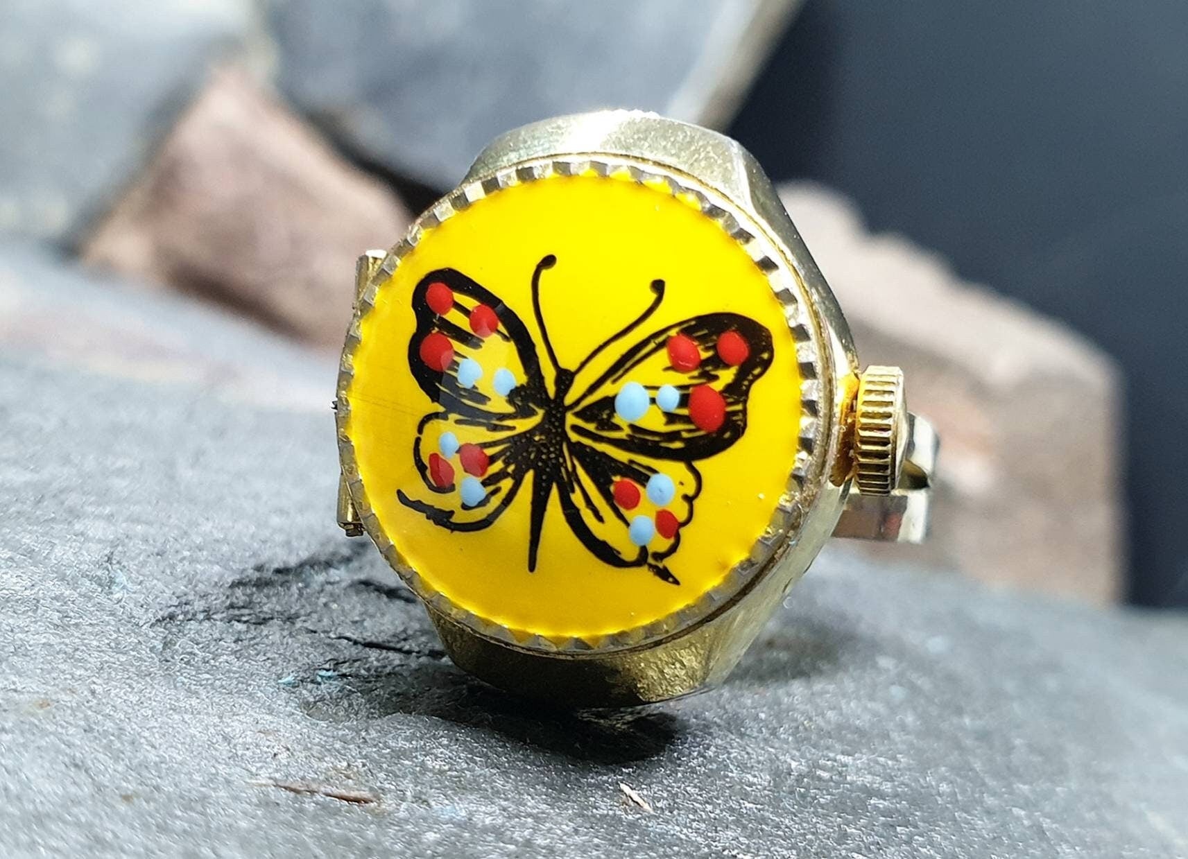 Vintage LOCKET WATCH RING - Butterfly Swissam Gold Plated - Size Adjustable - 12.1g