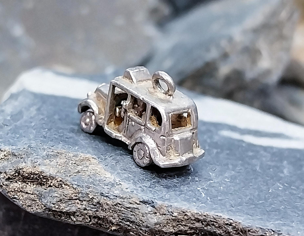 SILVER TAXI Cab CHARM - Vintage Opening & Moving car for Bracelet - 3.3g