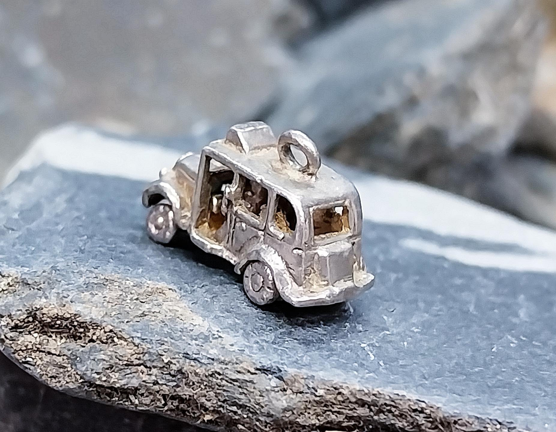 SILVER TAXI Cab CHARM - Vintage Opening & Moving car for Bracelet - 3.3g