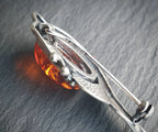 Vintage SILVER AMBER Brooch - Abstract Leaf Art Nouveau Style - 4.2g