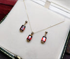 Vintage 9ct Gold Red Gemstone NECKLACE and EARRINGS Matching Set - 3.7g