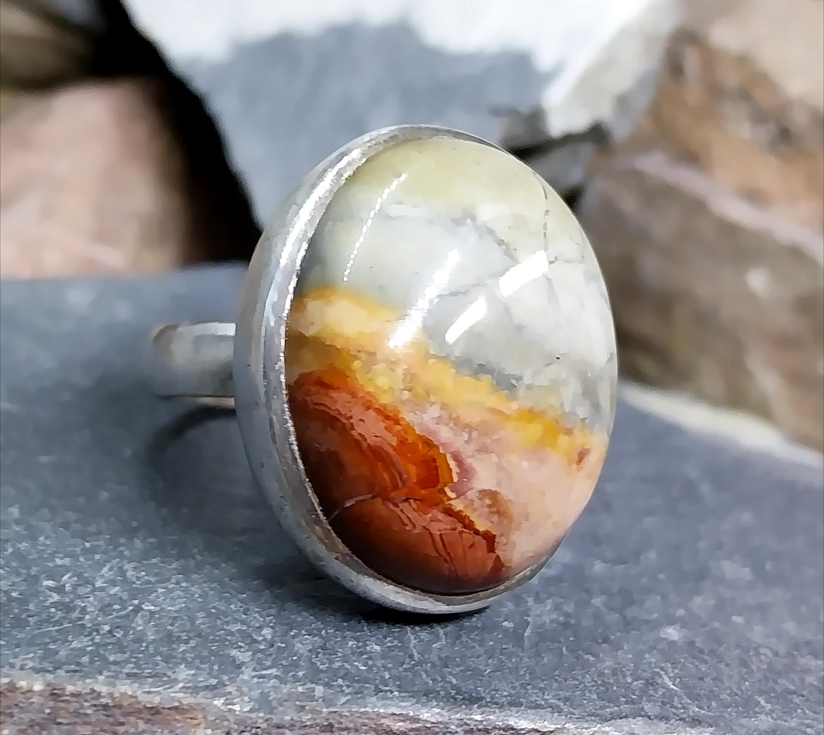 Sterling Silver Mottled MOSS AGATE RING - uk size S (us 9) - 13.1g