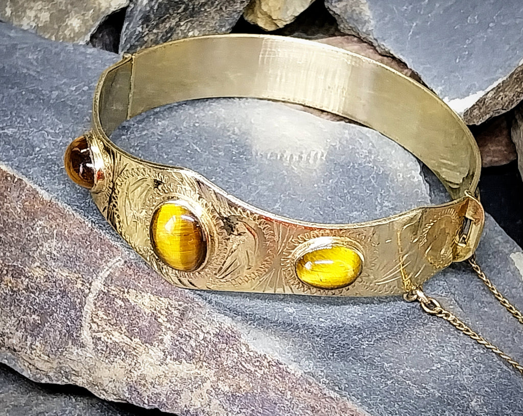 Vintage 12ct Rolled Gold Tigers Eye BANGLE Bracelet - Excalibur - 24.2g