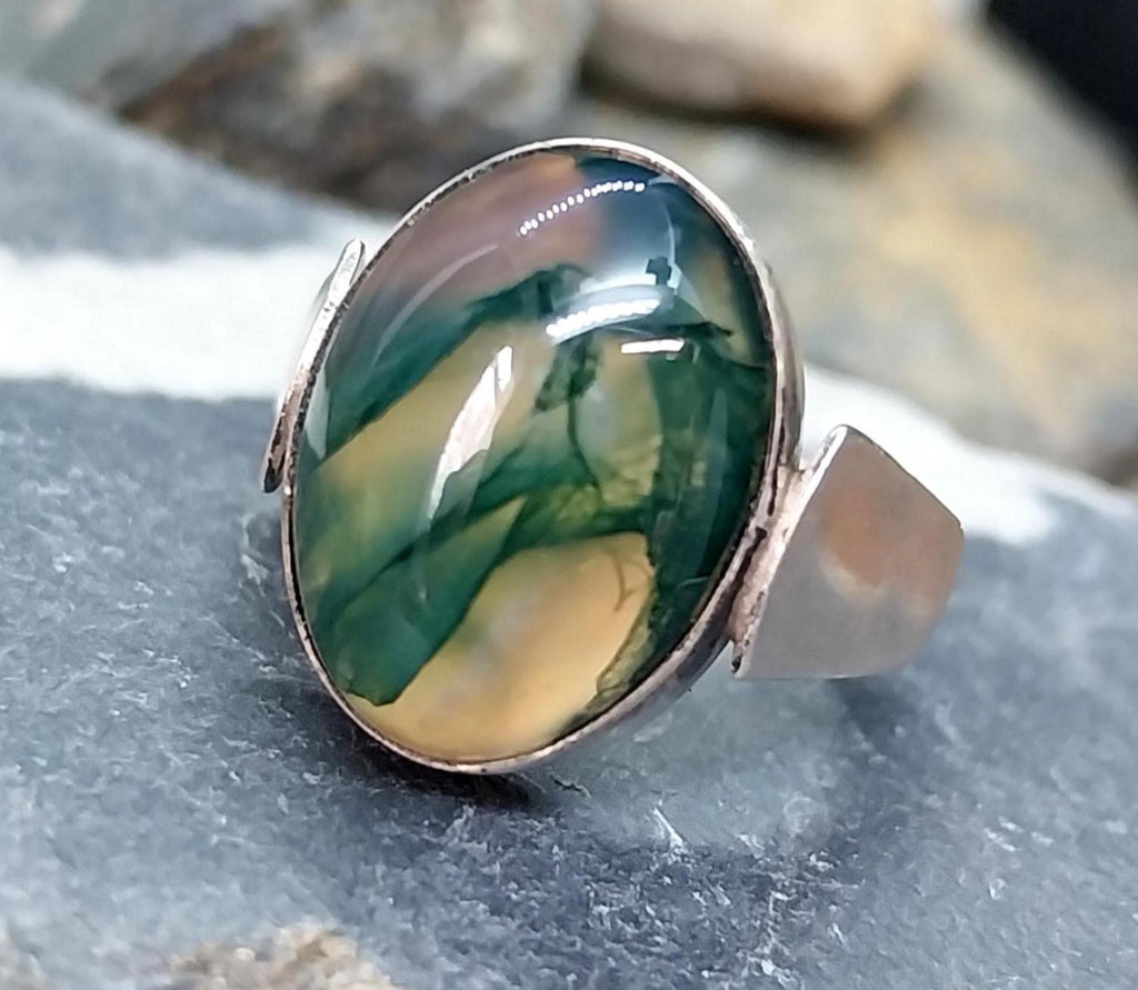 Vintage SILVER Moss Agate RING Dendritic Stone - adjustable size 0 (us 7) - 5.9g
