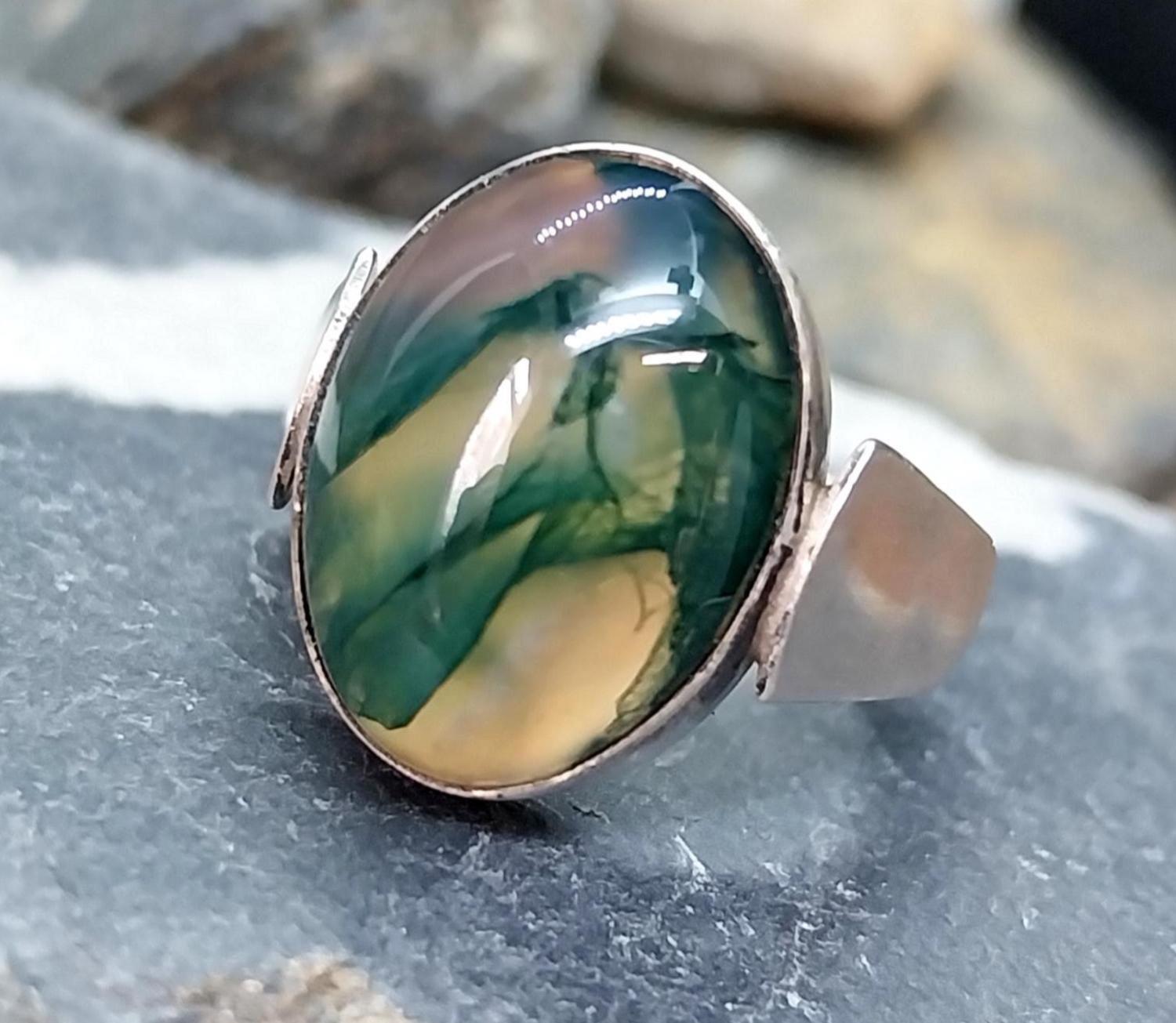 Vintage SILVER Moss Agate RING Dendritic Stone - adjustable size 0 (us 7) - 5.9g