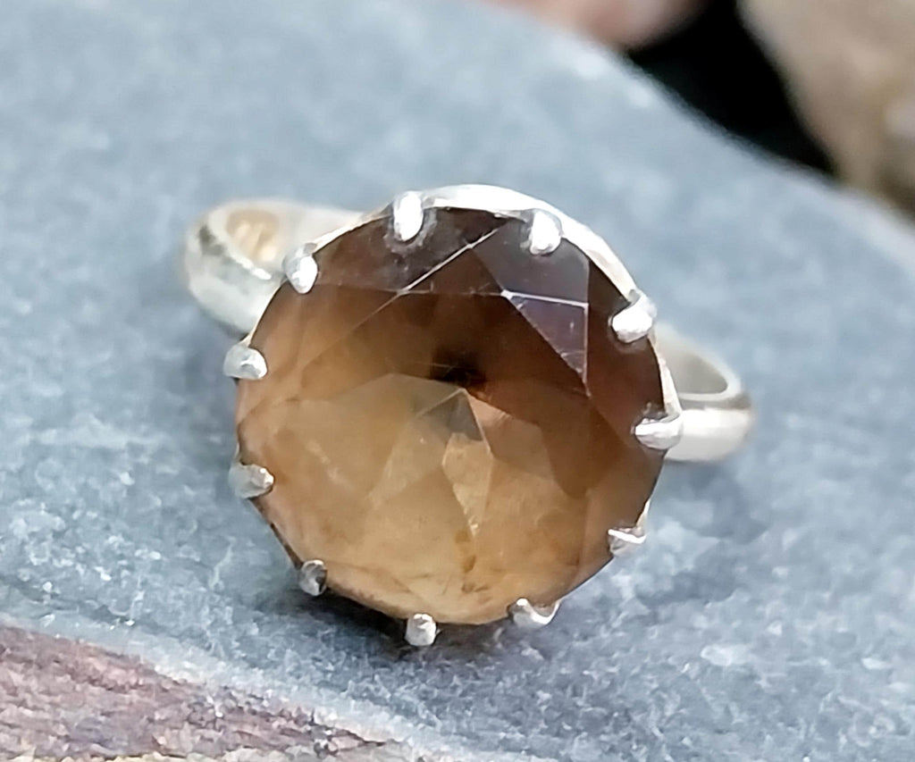 Vintage Sterling SILVER RING with large Smoky Quartz - size O 1/2 (us 7.5) - 3.6g