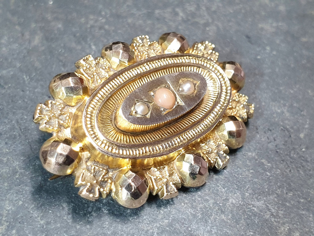Antique 9ct GOLD Locket BROOCH - Seed Pearls and Coral - 5.8g