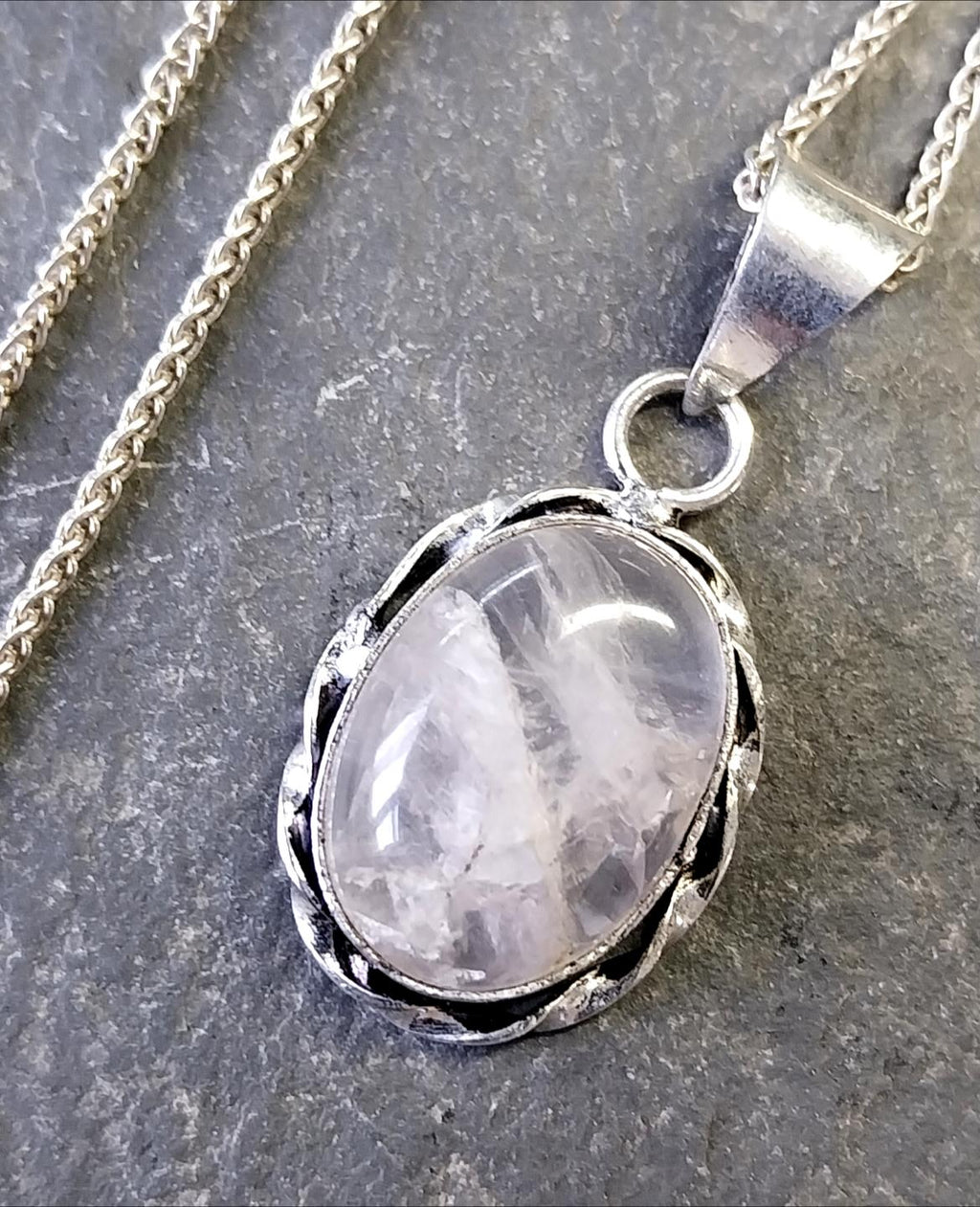 Sterling Silver White Quartz Necklace  on 16" Chain - 6.9g