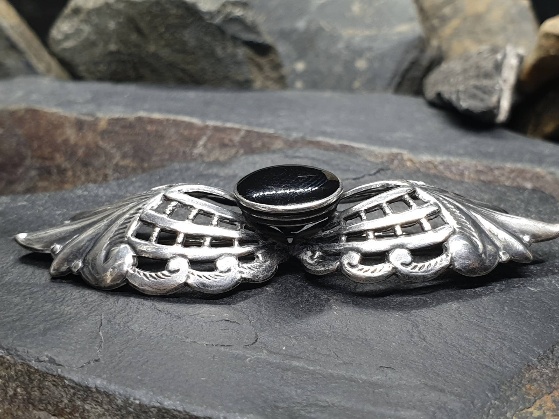 Vintage SILVER & ONYX BROOCH - Winged Design - 9.9g