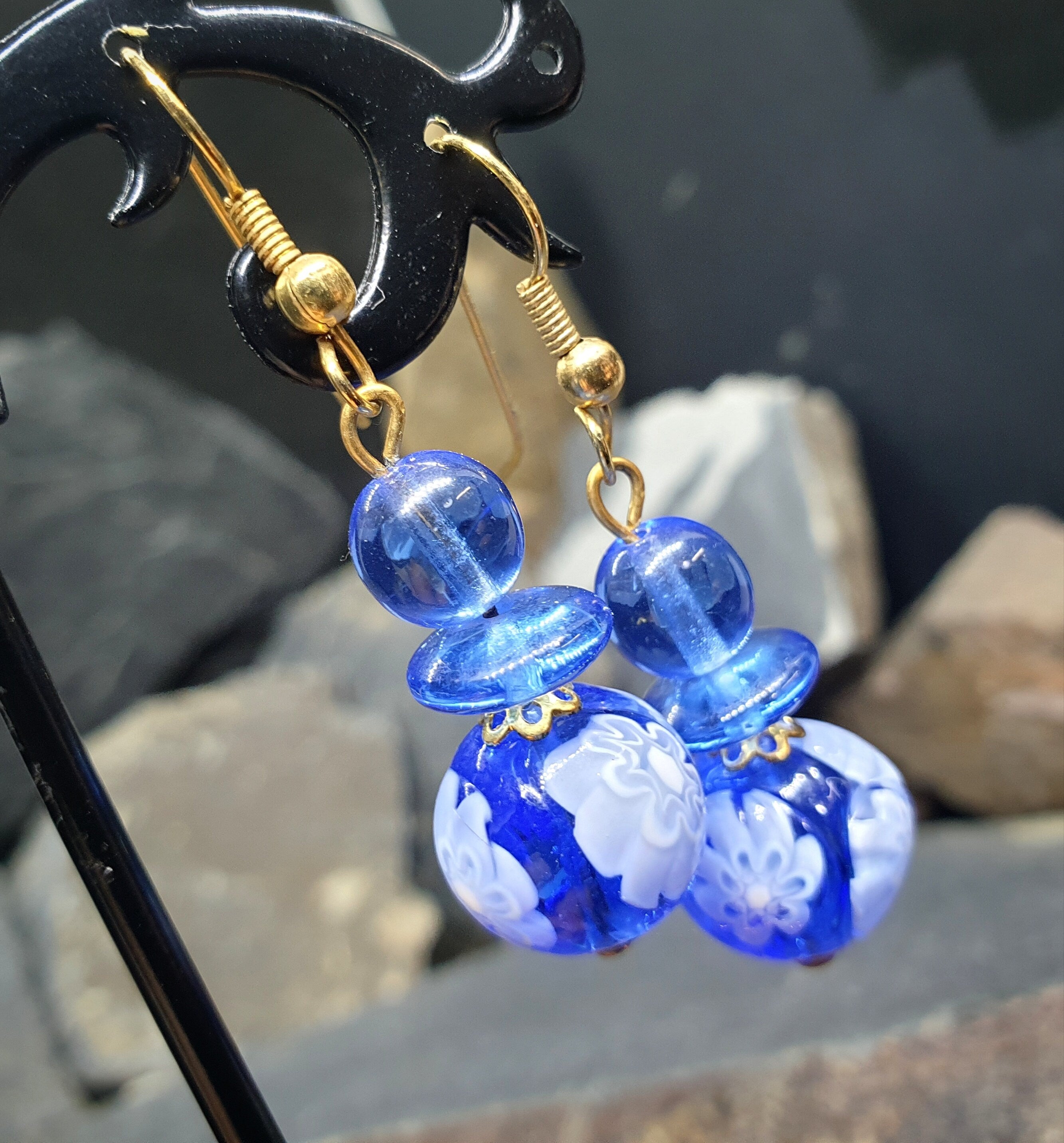 Vintage Murano Style Blue Bead EARRINGS - Long Dangling  - 8.5g