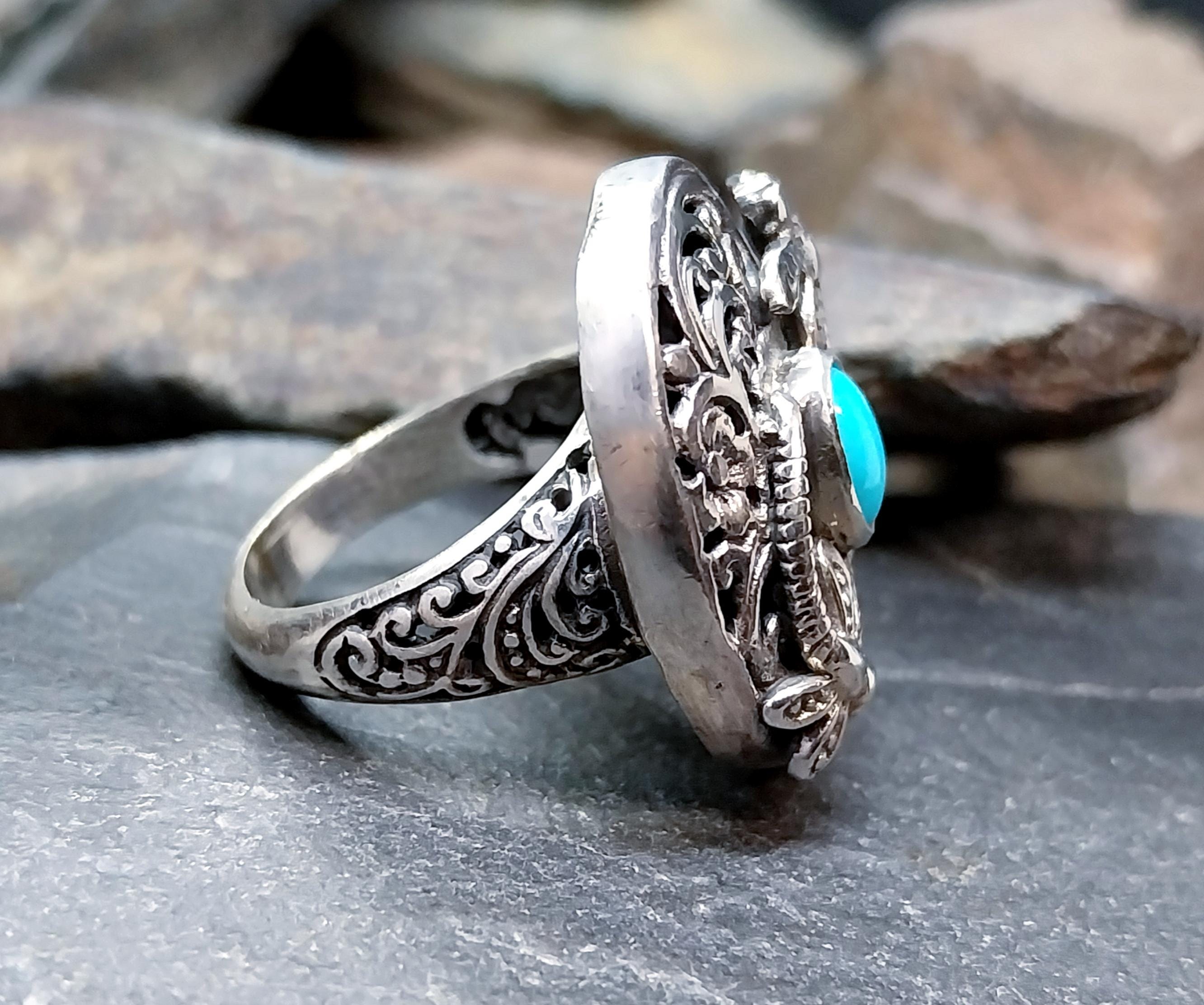 Sterling Silver TURQUOISE RING with dragonflies -  uk size N  (us 7) - 10.3g