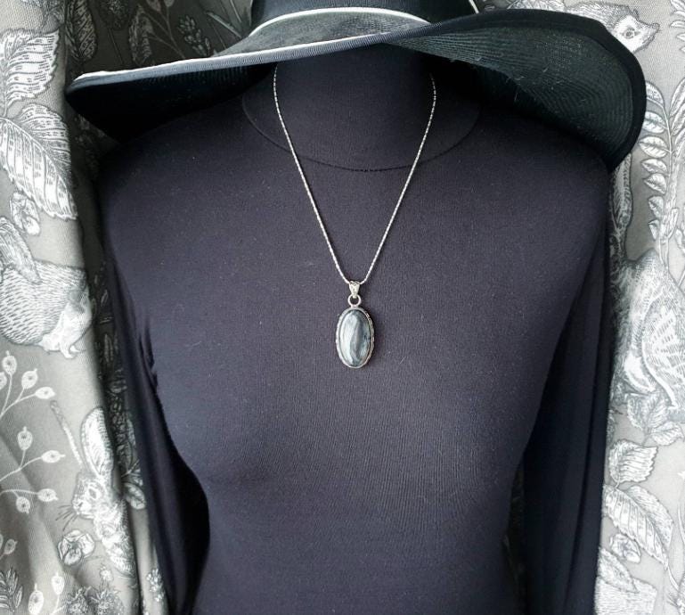 Large Sterling Silver Moss / Mottled Agate Necklace Pendant on 20" Chain - 16.4g