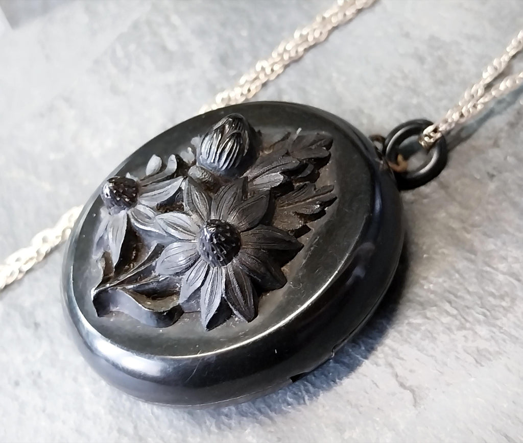 VICTORIAN Bog Oak LOCKET with Sunflowers on 24" Chain Necklace - 28.9g