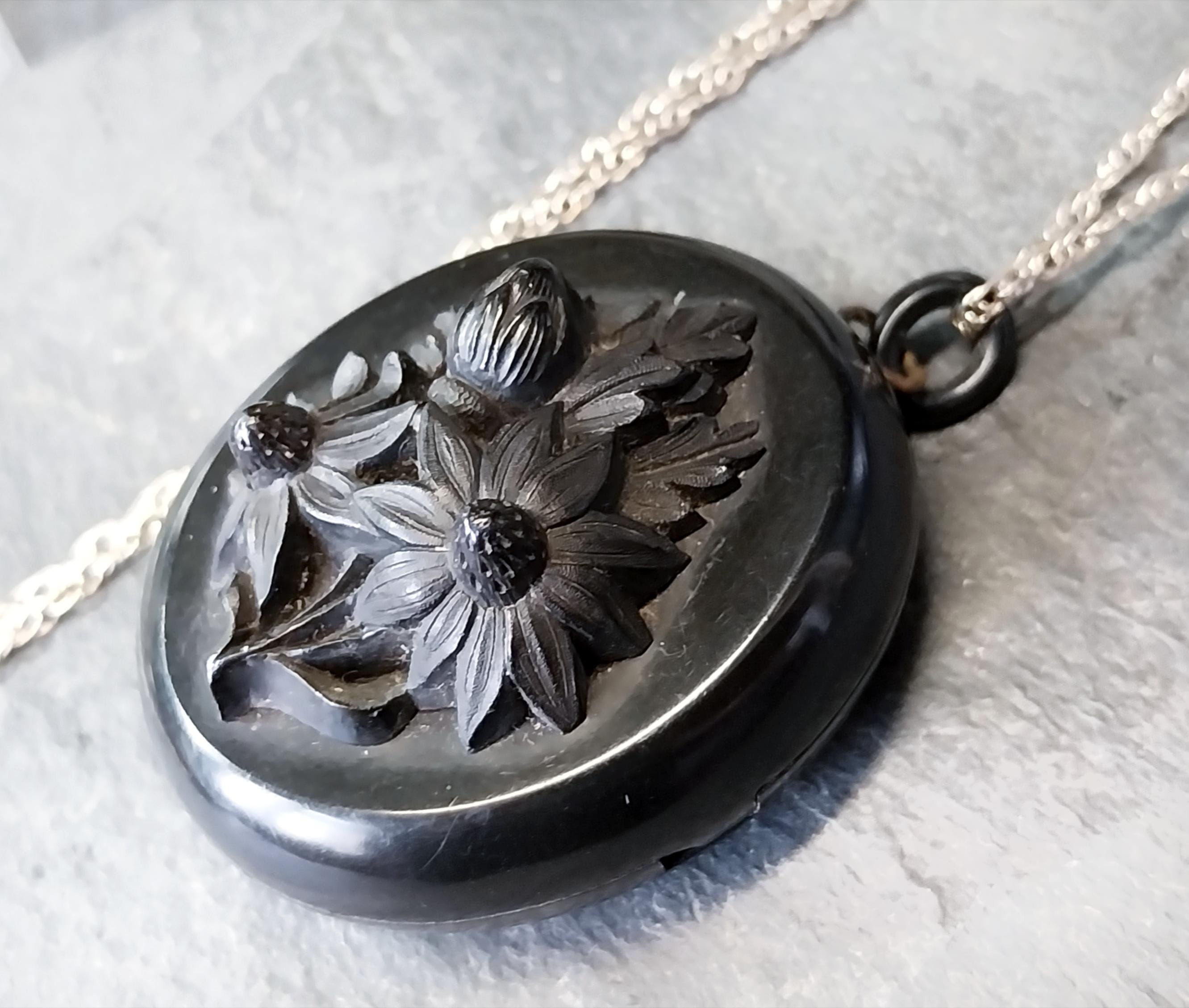 VICTORIAN Bog Oak LOCKET with Sunflowers on 24" Chain Necklace - 28.9g