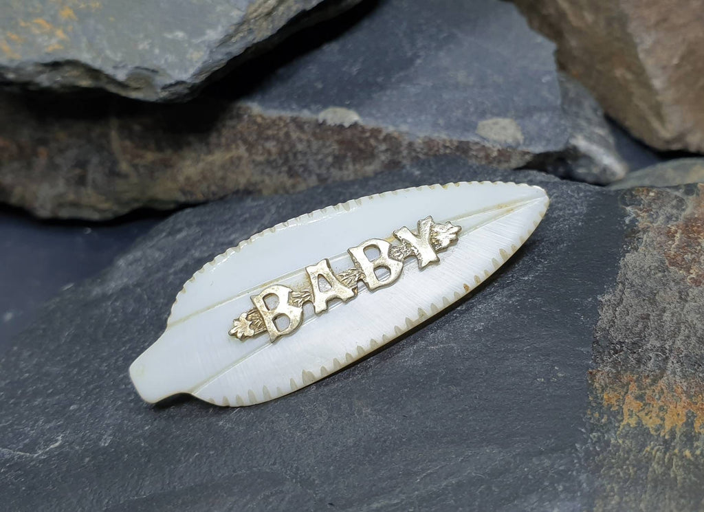 Antique BABY BROOCH - Mother of Pearl with Silver Word - Newborn