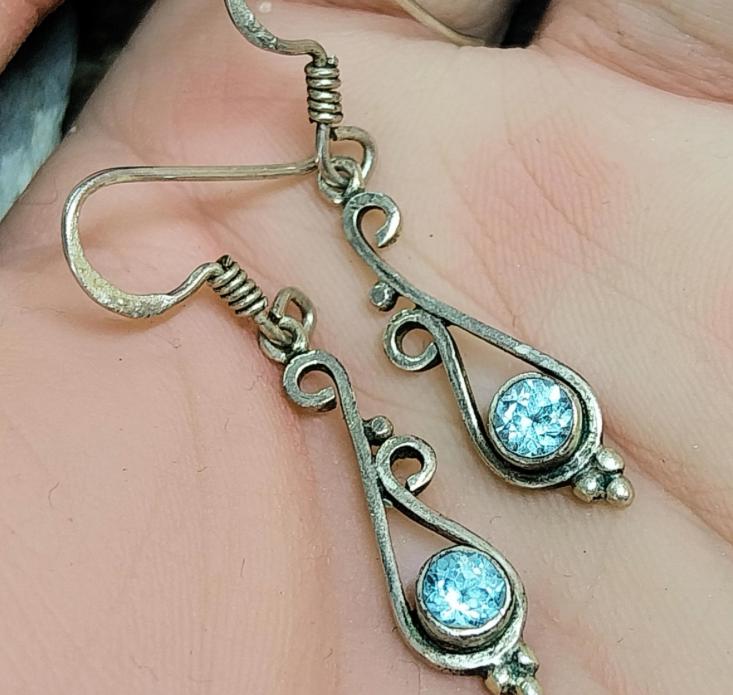 Sterling Silver Dangle Earrings - with Turquoise Blue Stone - 2.4g