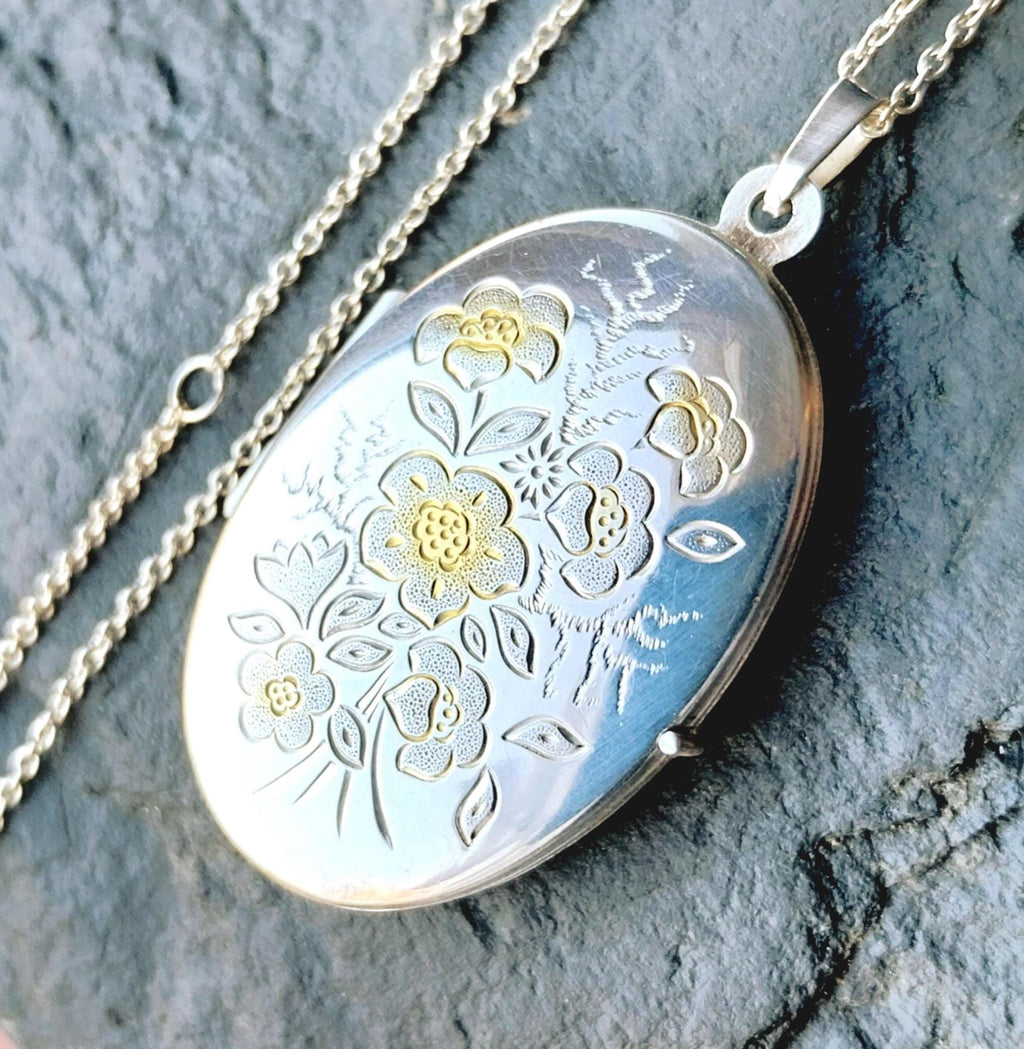 Vintage LOCKET - Sterling Silver Oval with Gold Flowers on 18" Chain - 7.1g