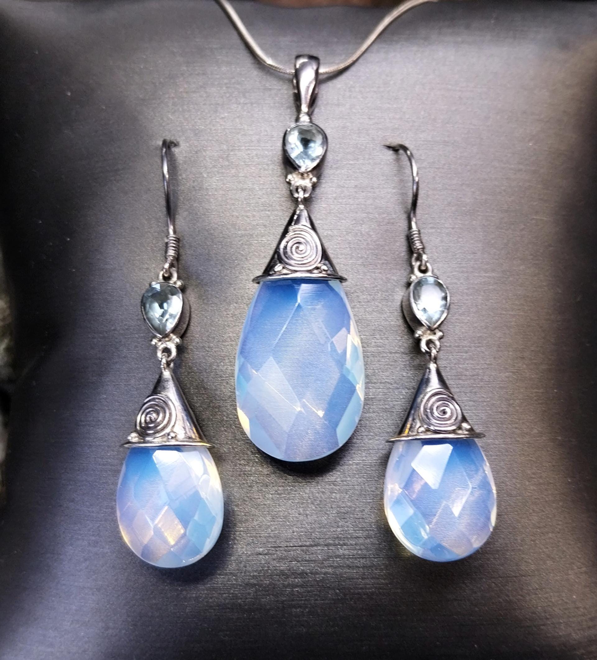 Vintage Sajen Blue Chalcedony & Topaz Necklace and Matching Earrings Set - 20g