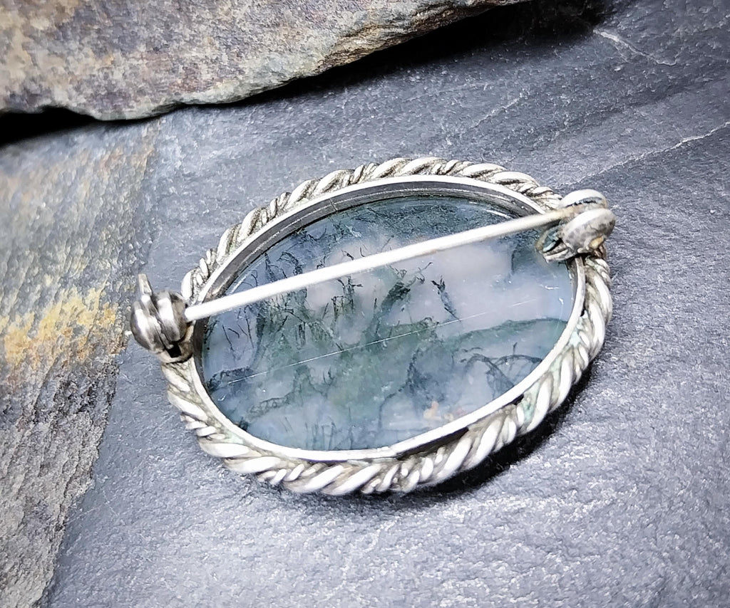 Vintage Silver Natural Green Moss Agate Brooch - 8.8g