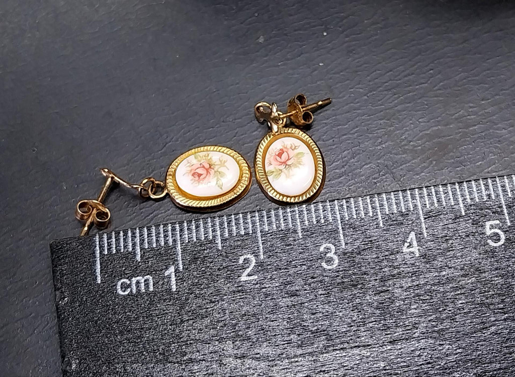 Vintage 9ct Gold Pink Rose EARRINGS - Dangly - 1g