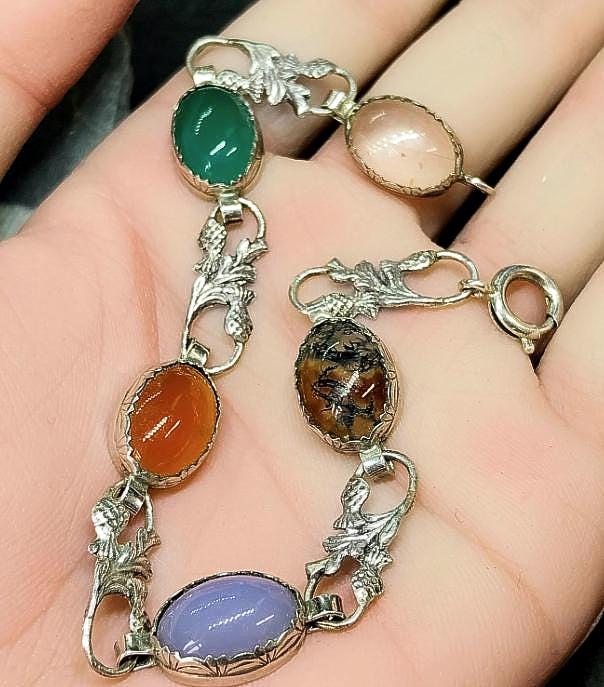 Vintage STERLING SILVER Agate and Thistle Bracelet - 20cm - 11.3g