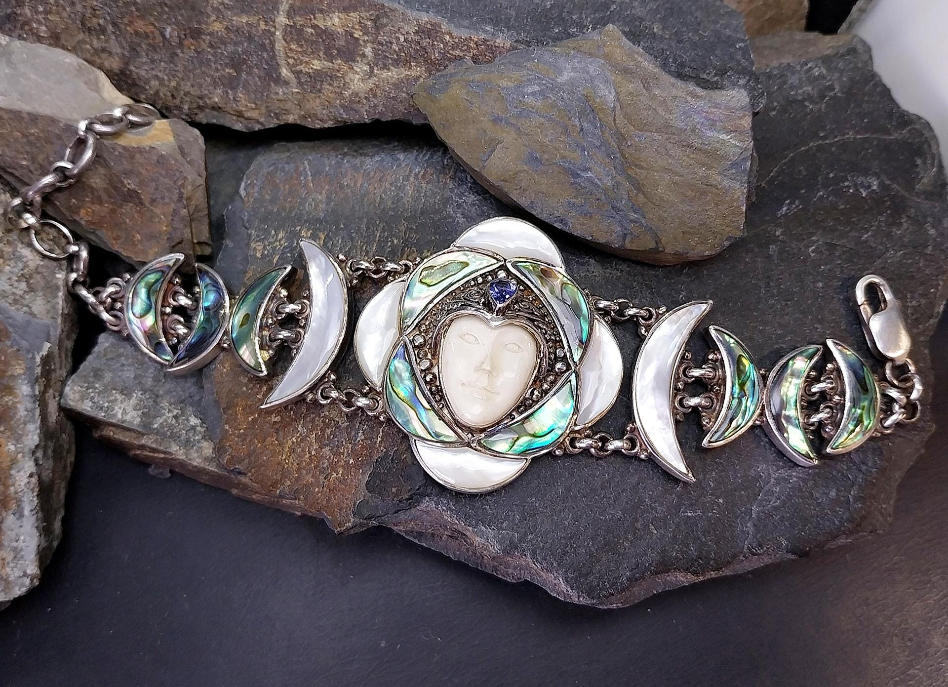 SAJEN Sterling Silver Carved Goddess Face Bracelet - adjustable - 49.6g