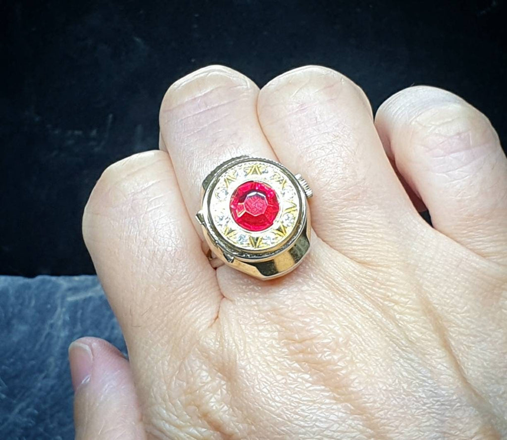Vintage BVLER LOCKET WATCH Ring - Red Stone & Gold Plated - Size Adjustable - 12g