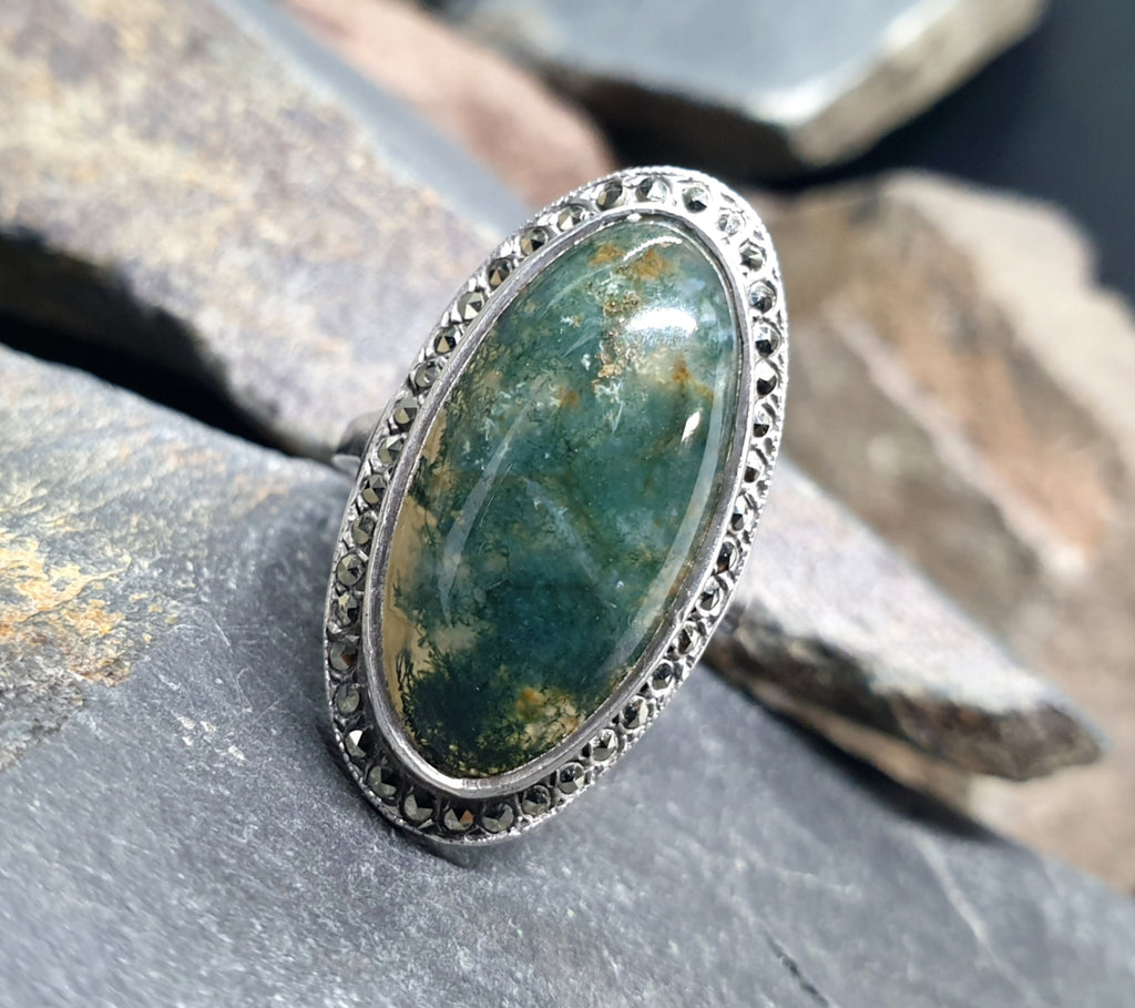 Vintage SILVER Moss Agate RING Dendritic Stone - uk size O (us 7) - 6.8g