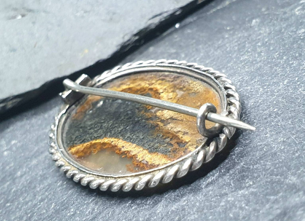 Antique Silver Moss Agate Landscape Brooch - Victorian Sterling Silver - 5.3g