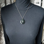 VICTORIAN Black Enamel LOCKET with Silver Cross - on 20" Chain - 15.5g