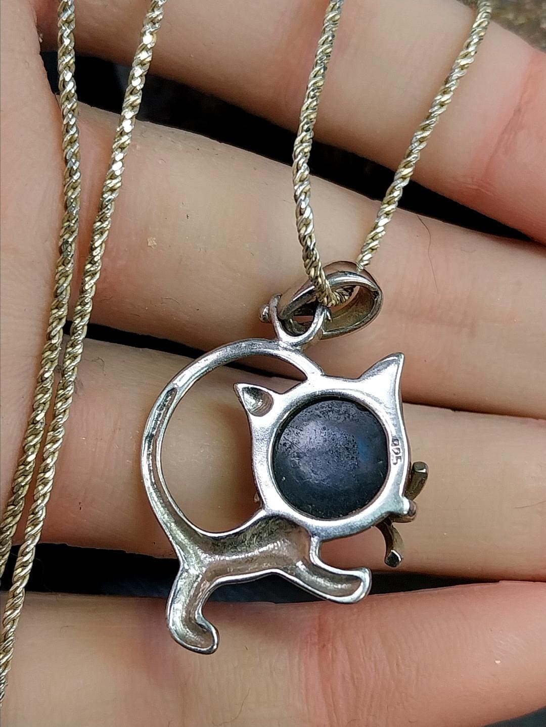 Sterling Silver AMBER CAT Kitten Pendant Chain Necklace 18" Length - 7.1g
