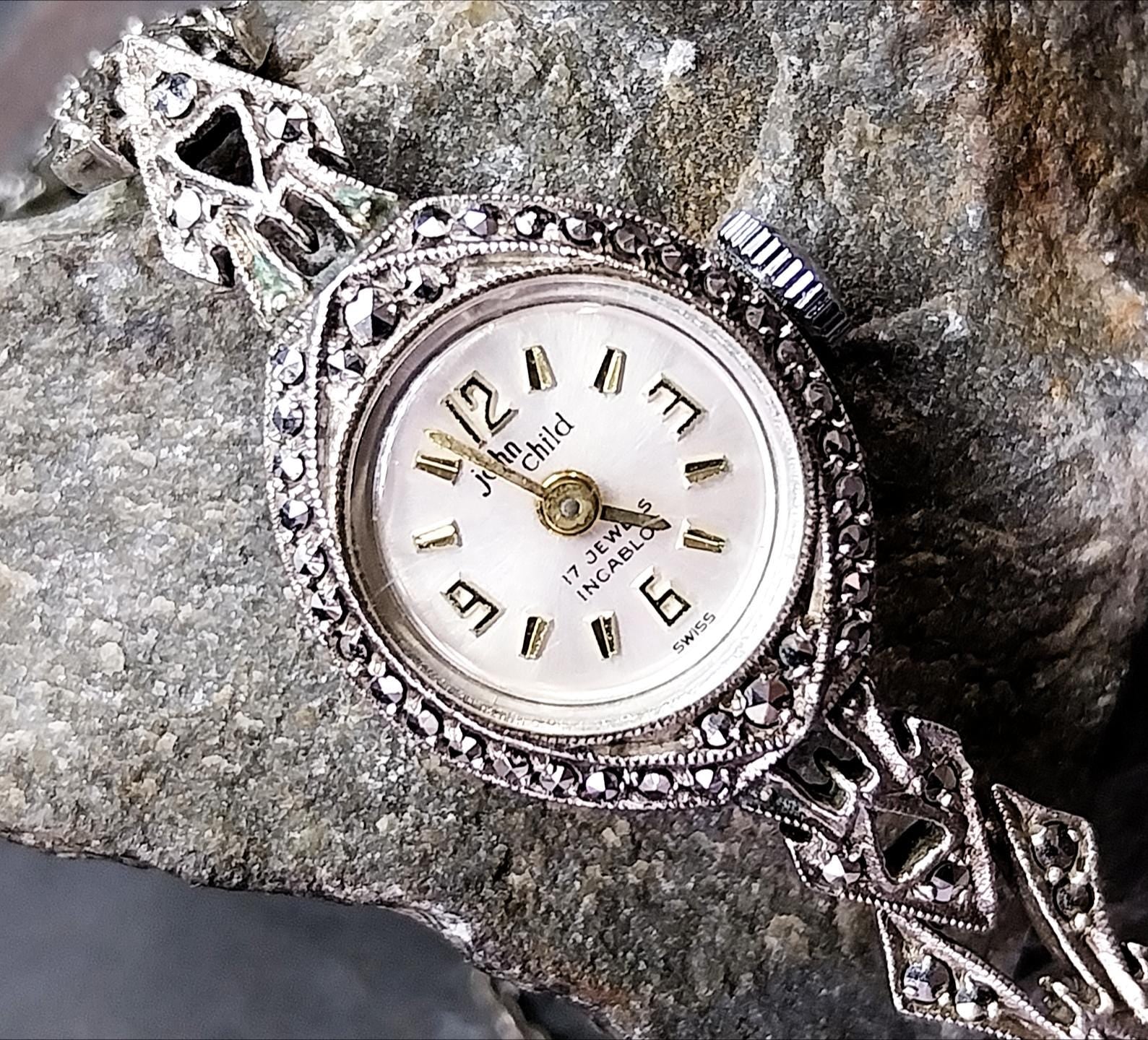 Vintage Sterling Silver Marcasite WATCH - 1960s John Child Hand winding 16cm - 16.5g