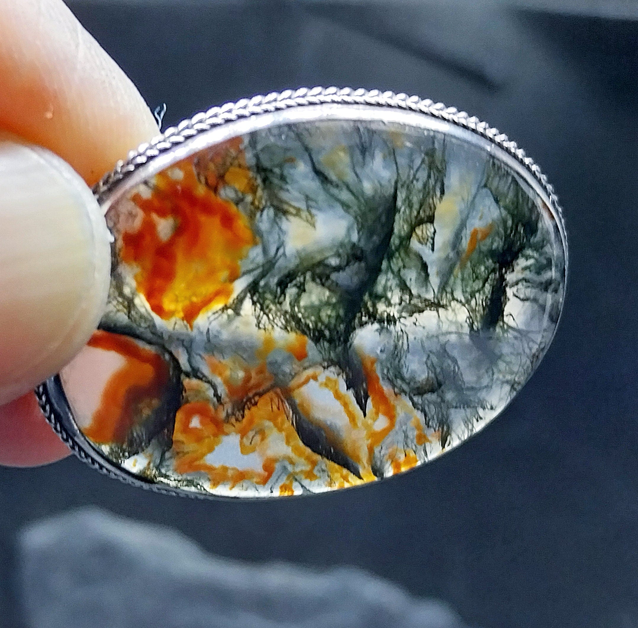 Vintage Sterling Silver Moss Agate Brooch - Vibrant Dendritic Gemstone  - 6.7g