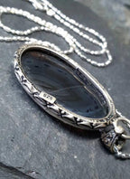 Large Sterling Silver Moss / Mottled Agate Necklace Pendant on 20" Chain - 16.4g