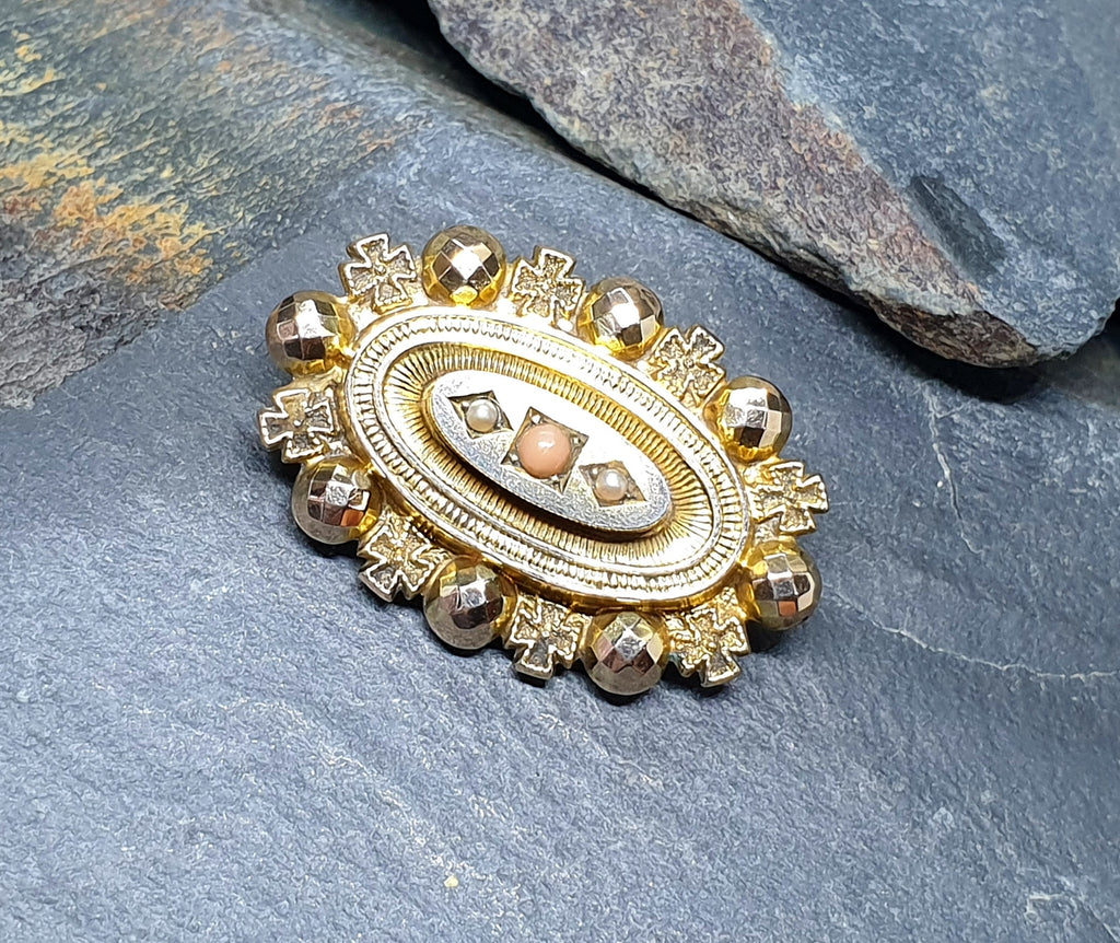 Antique 9ct GOLD Locket BROOCH - Seed Pearls and Coral - 5.8g