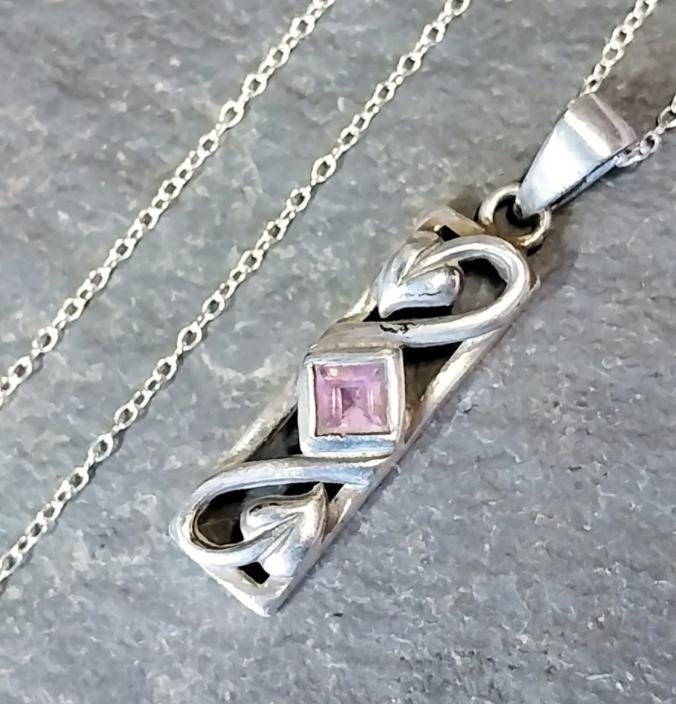 Vintage Sterling PENDANT NECKLACE with Amethyst on 18" - 4.7g