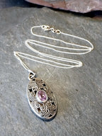 Vintage STERLING SILVER LOCKET with Amethyst Gemstone on 18" Chain - 11.1g