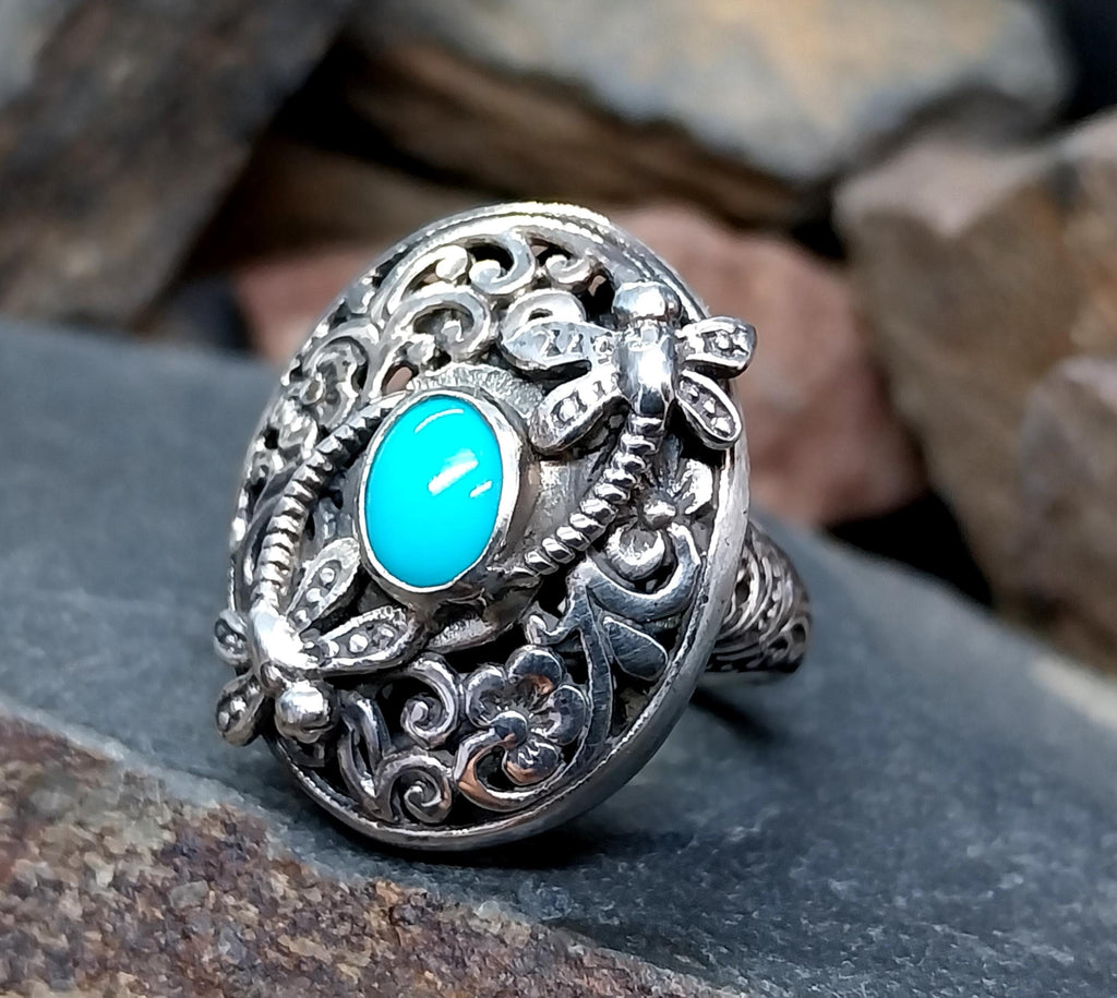 Sterling Silver TURQUOISE RING with dragonflies -  uk size N  (us 7) - 10.3g