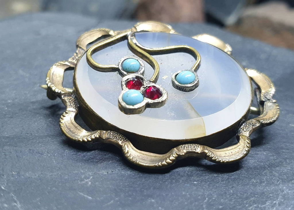 ANTIQUE VICTORIAN BROOCH - Chalcedony, Turquoise and Garnet - 7.5g