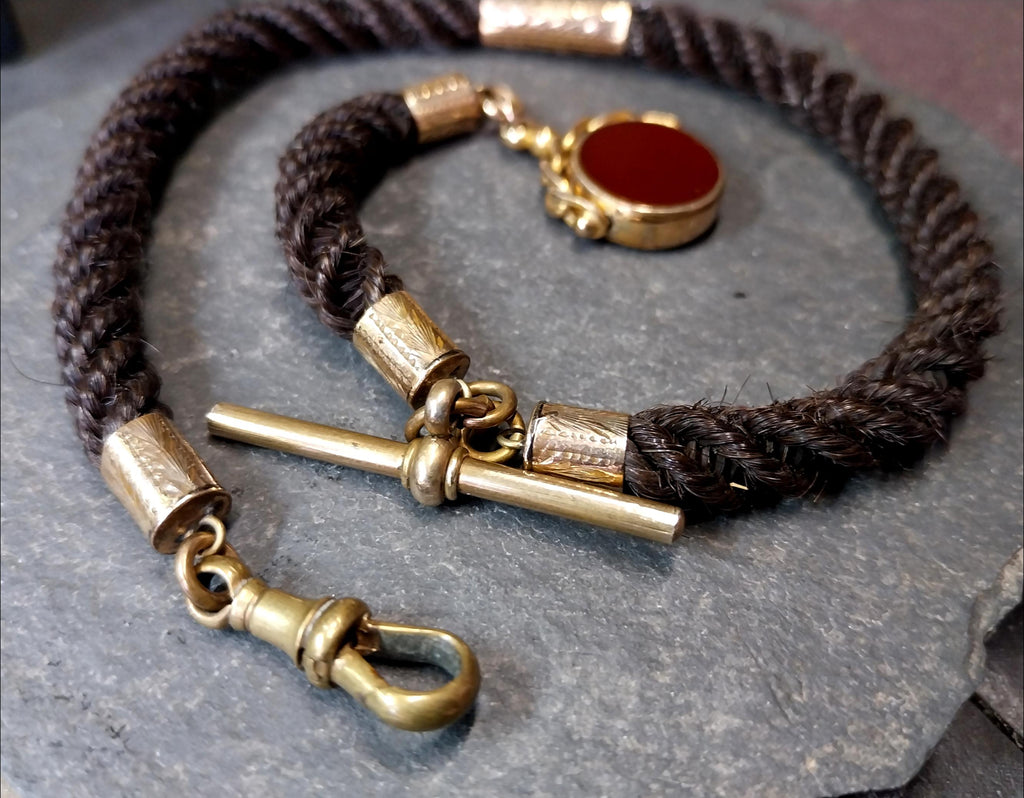 Victorian HAIR Watch chain with Rolled Gold Bloodstone swivel fob - 14" 16.4g