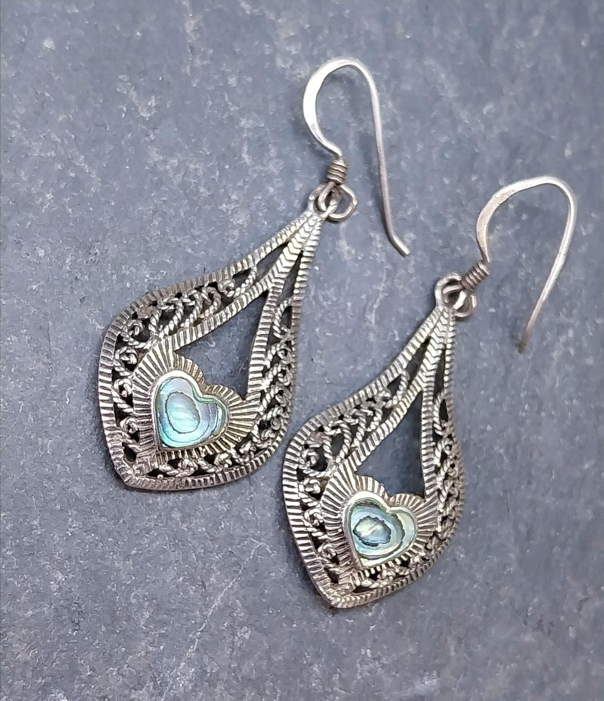Vintage Sterling Silver Drop Earrings - with Paua Shell - 4.9g