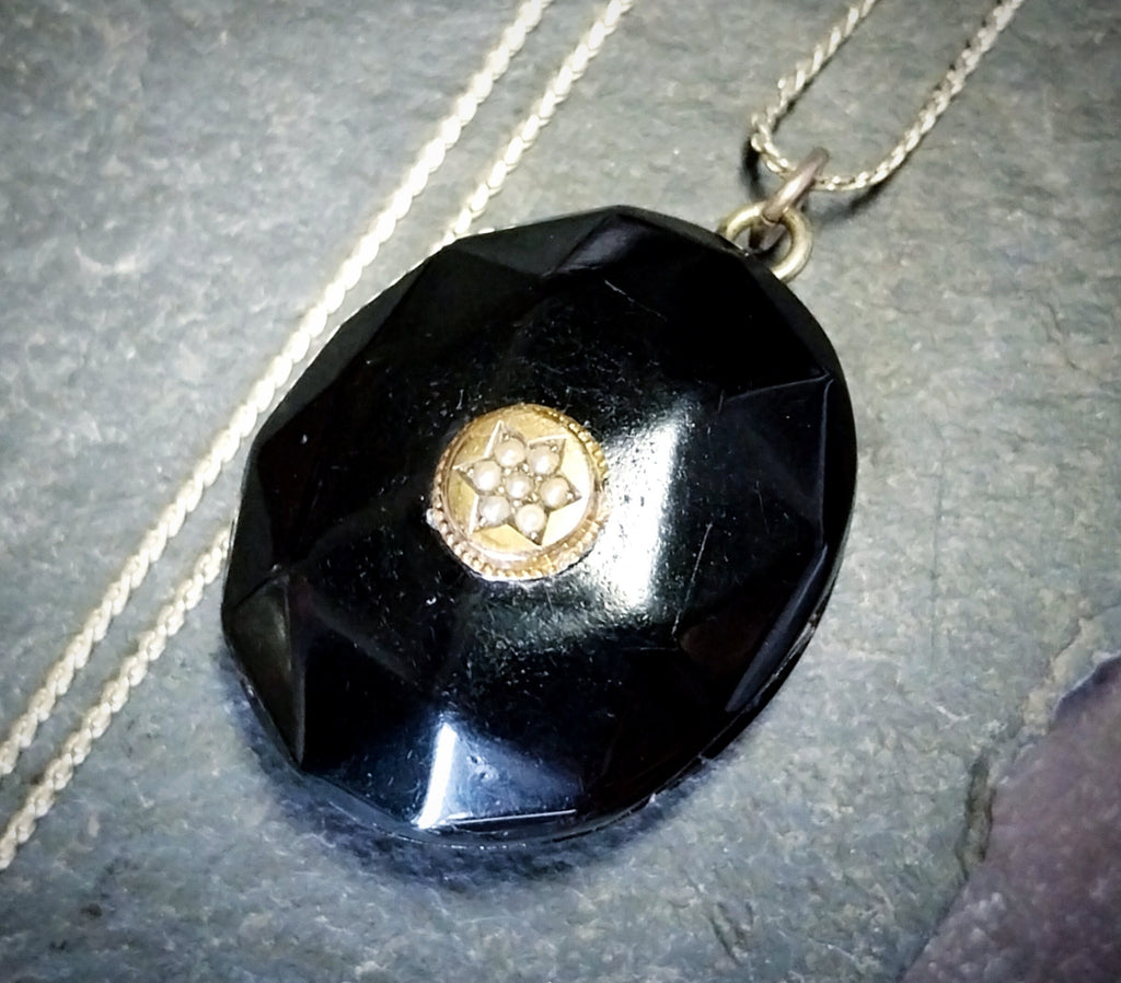 Antique VICTORIAN Whitby JET LOCKET with Seed Pearl Star - on 20" Chain - 27.4g