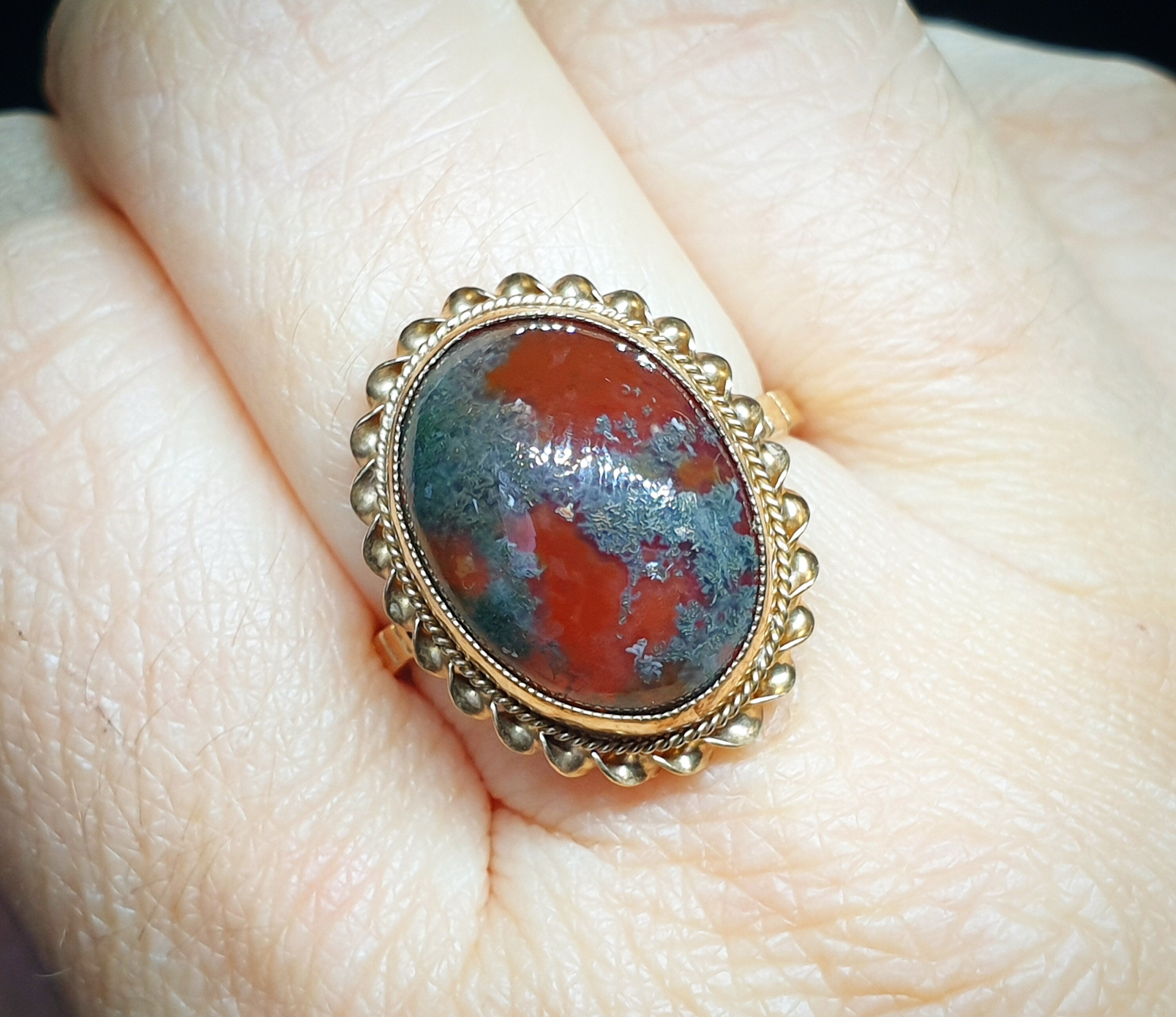 Vintage 9ct Gold MOSS AGATE Ring - Dendritic - Size uk N 1/2 (us 7) - 3.7g