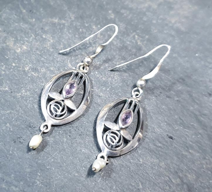 Sterling Silver CELTIC ROSE Dangle Earrings - with Purple amethyst Stone - 4.2g