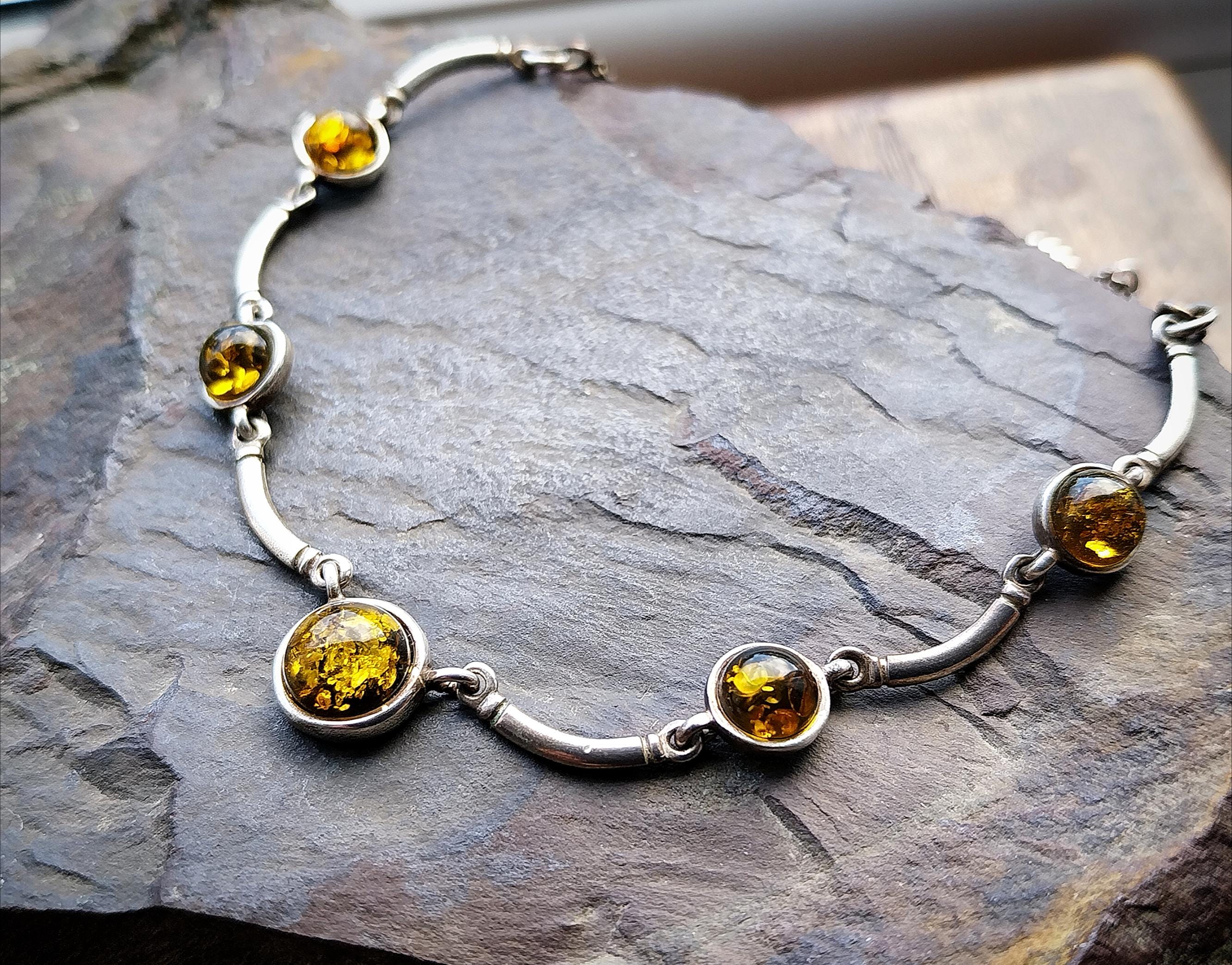 Vintage Sterling Silver Amber Chain Necklace 17" Length - 7g