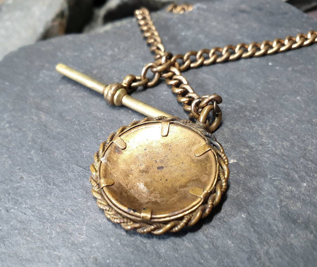 Antique Dog Clip Chain with Photo Locket Fob and T Bar - Pinchbeck 16"  - 25.9g