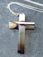 Victorian Antique Banded Agate Cross on 18" Sterling Silver Chain - 3.9g