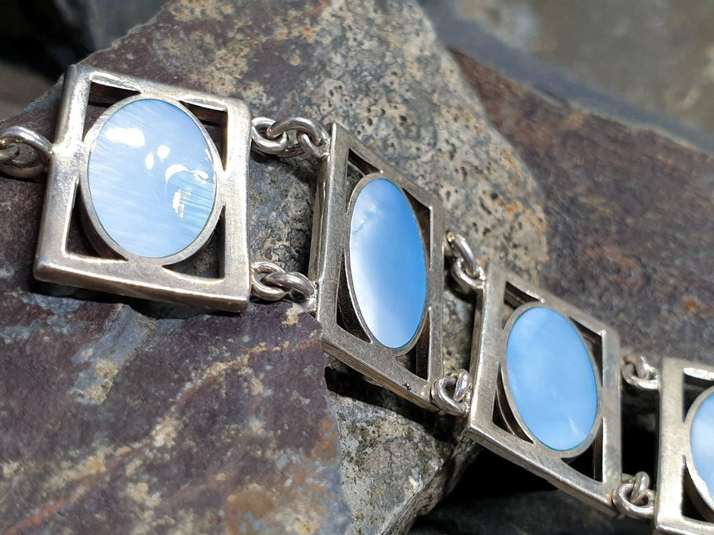 Vintage Silver Bracelet with Blue Mother of Pearl Panel Links -23.4g