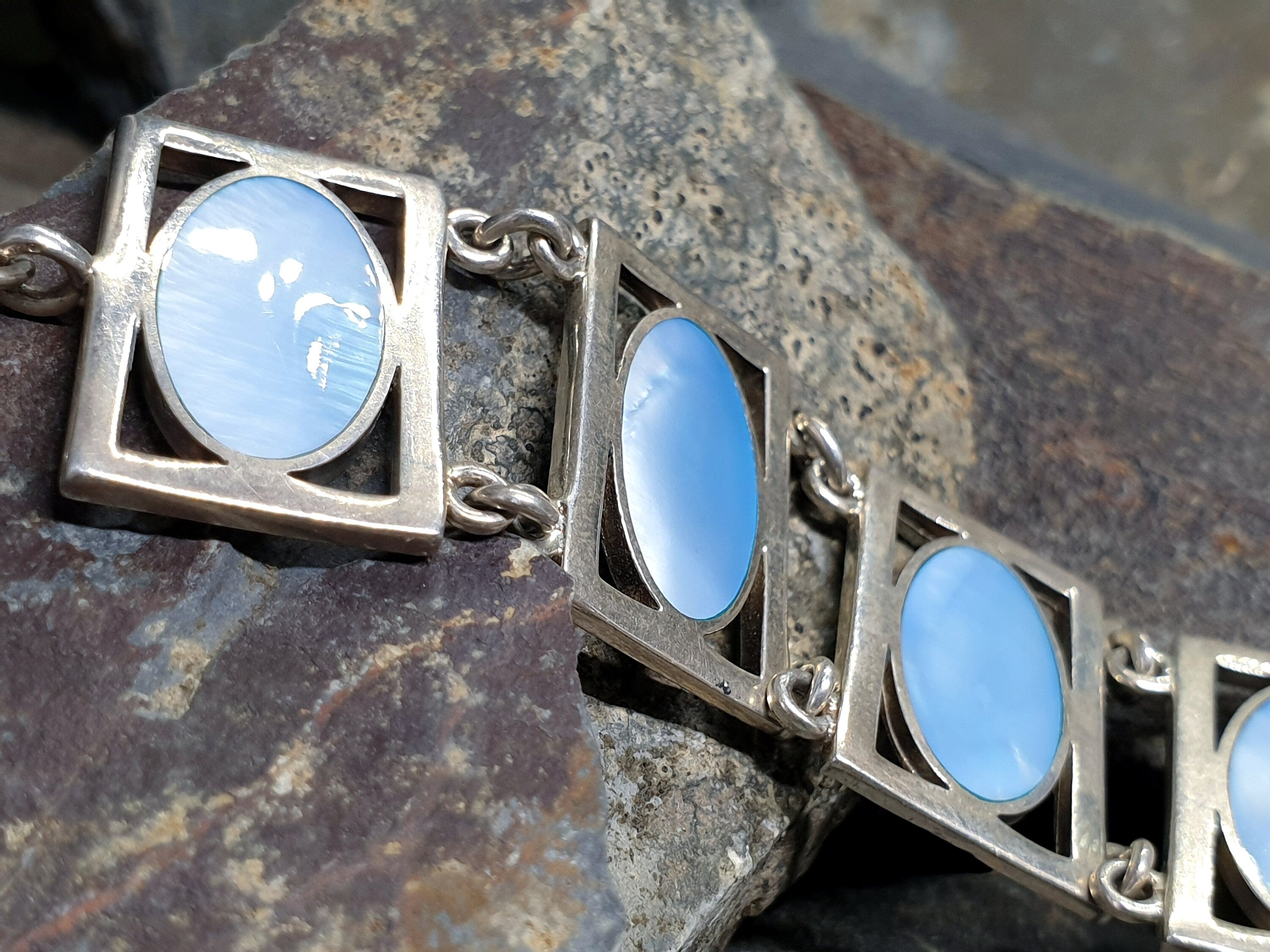 Vintage Silver Bracelet with Blue Mother of Pearl Panel Links -23.4g