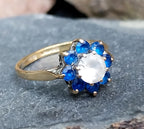 Vintage 9ct GOLD Ring - Blue Flower Cluster - UK Size P (us 7.5) - 1.7g